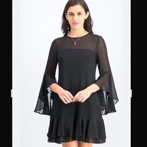 Vince Camuto black sheer Swiss dot ruffle long sleeve cocktail dress size 10